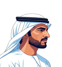 الثقة بالنفس والرجولة, الاهتمام بالاناقة والمظهر الخارجي، بورتريه مقرب لرجل عربي خليجي اماراتي يرتدي الكندورة والغترة ينظر الى شيء ما، خلفية بيضاء، فيكتور اليستريتور