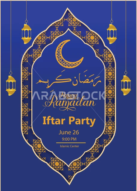 Ramadan Kareem, greeting template for the arrival of the month of goodness and blessings, authentic Arabic calligraphy arts, Islamic religious occasions and holidays, Ramadan manuscript in Arabic with a lantern and crescent moon, blue background, Illustrator vector