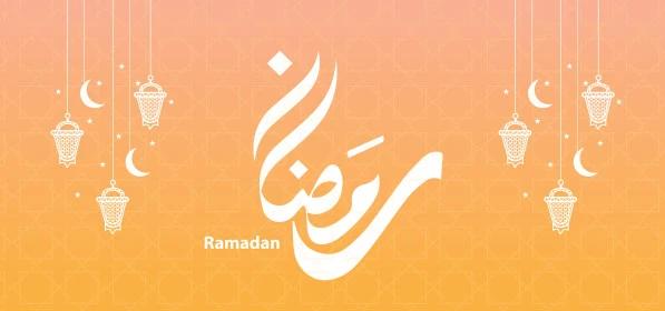 Ramadan, a template for greeting the arrival of the month of goodness and blessings, authentic Arabic calligraphy arts, Islamic religious occasions and holidays, Ramadan manuscript in Arabic with a crescent moon, Illustrator vector