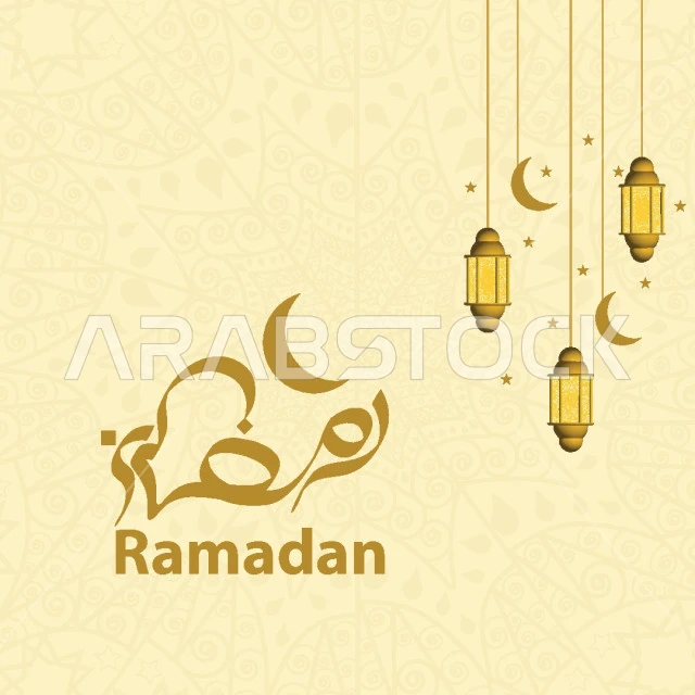 Ramadan, a template for greeting the arrival of the month of goodness and blessings, authentic Arabic calligraphy arts, Islamic religious occasions and holidays, Ramadan manuscript in Arabic with a crescent moon, Illustrator vector