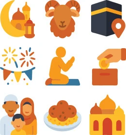 Dhu al-Hijjah month's rituals and acts of worship, Islamic religious icons, Hajj season and Eid al-Adha, sacred Arab occasions, white background, Illustrator vector