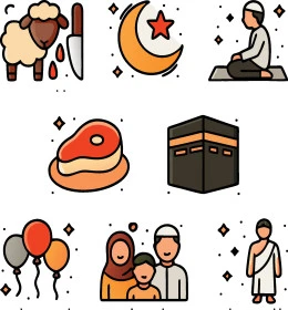اعمال وعبادات شهر ذي الحجة، ايقونات اسلامية دينية، موسم الحج وعيد الاضحى، المناسبات العربية المقدسة، خلفية بيضاء، فيكتور اليستريتور