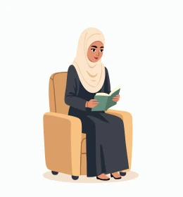 Enjoying the hobby of reading and exploring, spending free time learning and culture, the concept of education and scientific research, illustration of a smiling young Saudi Arabian Gulf woman wearing an abaya and hijab reading a book, white background, vector illustrator