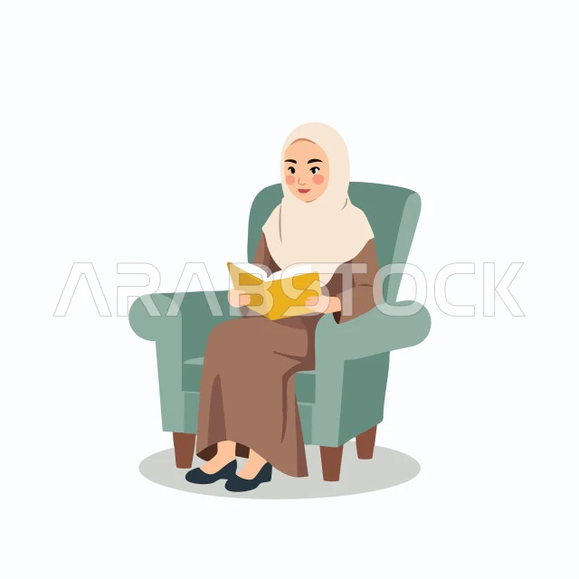 Enjoying the hobby of reading and exploring, spending free time learning and culture, the concept of education and scientific research, illustration of a smiling young Saudi Arabian Gulf woman wearing an abaya and hijab reading a book, white background, vector illustrator