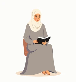 الاستمتاع بهواية القراءة والاستكشاف, قضاء وقت الفراغ بالتعلم والثقافة, مفهوم التثقيف والبحث العلمي, رسم توضيحي لشابة عربية خليجية سعودية مبتسمة ترتدي العباءة والحجاب تقرأ الكتاب,  خلفية بيضاء، فيكتور اليستريتور