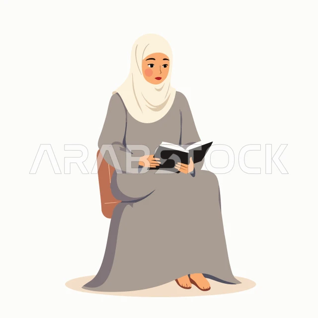 الاستمتاع بهواية القراءة والاستكشاف, قضاء وقت الفراغ بالتعلم والثقافة, مفهوم التثقيف والبحث العلمي, رسم توضيحي لشابة عربية خليجية سعودية مبتسمة ترتدي العباءة والحجاب تقرأ الكتاب,  خلفية بيضاء، فيكتور اليستريتور