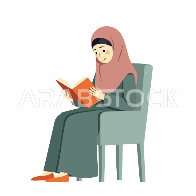 Enjoying the hobby of reading and exploring, spending free time learning and culture, the concept of education and scientific research, illustration of a smiling young Saudi Arabian Gulf woman wearing an abaya and hijab reading a book, white background, vector illustrator