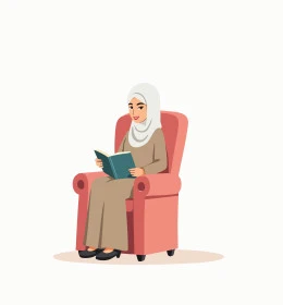 الاستمتاع بهواية القراءة والاستكشاف, قضاء وقت الفراغ بالتعلم والثقافة, مفهوم التثقيف والبحث العلمي, رسم توضيحي لشابة عربية خليجية سعودية مبتسمة ترتدي العباءة والحجاب تقرأ الكتاب,  خلفية بيضاء، فيكتور اليستريتور