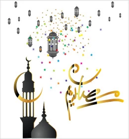 قالب تهنئة بقدوم شهر الخير والبركة، فنون الخط العربي الأصيل، المناسبات والأعياد الدينية الاسلامية، مخطوطة رمضان باللغة العربية مع فوانيس وهلال، خلفية مزخرفة، فيكتور اليستريتور