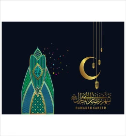 Congratulations template for the arrival of the month of goodness and blessings, authentic Arabic calligraphy arts, Islamic religious occasions and holidays, Ramadan manuscript in Arabic with lanterns and a crescent moon, decorative background, Illustrator vector