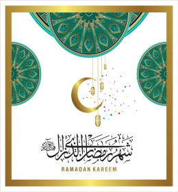 Congratulations template for the arrival of the month of goodness and blessings, authentic Arabic calligraphy arts, Islamic religious occasions and holidays, Ramadan manuscript in Arabic with lanterns and a crescent moon, decorative background, Illustrator vector