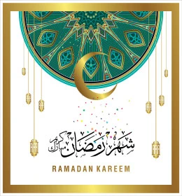 Congratulations template for the arrival of the month of goodness and blessings, authentic Arabic calligraphy arts, Islamic religious occasions and holidays, Ramadan manuscript in Arabic with lanterns and a crescent moon, decorative background, Illustrator vector