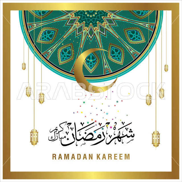 Congratulations template for the arrival of the month of goodness and blessings, authentic Arabic calligraphy arts, Islamic religious occasions and holidays, Ramadan manuscript in Arabic with lanterns and a crescent moon, decorative background, Illustrator vector