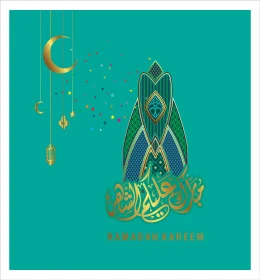 Congratulations template for the arrival of the month of goodness and blessings, authentic Arabic calligraphy arts, Islamic religious occasions and holidays, Ramadan manuscript in Arabic with lanterns and a crescent moon, decorative background, Illustrator vector