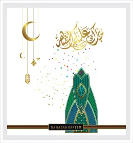 قالب تهنئة بقدوم شهر الخير والبركة، فنون الخط العربي الأصيل، المناسبات والأعياد الدينية الاسلامية، مخطوطة رمضان باللغة العربية مع فوانيس وهلال، خلفية مزخرفة، فيكتور اليستريتور