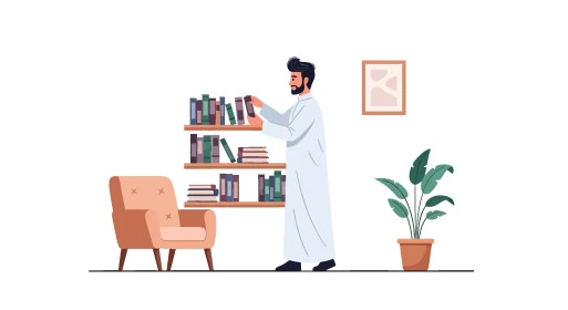 قراءة الكتب والقصص والروايات، مفهوم التحضير ومراجعة البحوث العلمي، التثقف والتعليم وزيادة المعرفة، رسم توضيحي لرجل عربي خليجي سعودي يرتدي الثوب التقليدي يحمل بيده كتاب، صورة الجسم بالطول الكامل، خلفية بيضاء