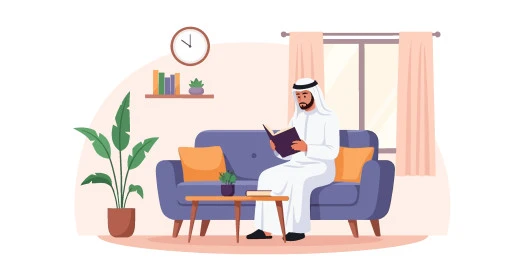 قراءة الكتب والقصص والروايات، مفهوم التحضير ومراجعة البحوث العلمي، التثقف والتعليم وزيادة المعرفة، رسم توضيحي لرجل عربي خليجي سعودي يرتدي الثوب التقليدي يحمل بيده كتاب، صورة الجسم بالطول الكامل، خلفية بيضاء