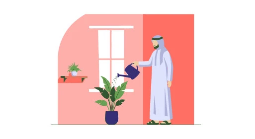 الاعتناء بنباتات الزينة المنزلية، رسم توضيحي لرجل عربي خليجي سعودي يرتدي الغترة والثوب التقليدي يقوم بسقاية نبته، صورة الجسم بالطول الكامل، خلفية بيضاء، فيكتور اليستريتور