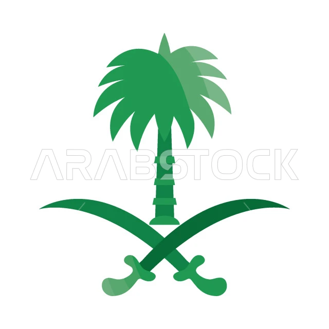 Pride and honor of the Saudi identity, 3D drawing of the palm tree and two swords logo of the Kingdom of Saudi Arabia in green, white background, Illustrator vector