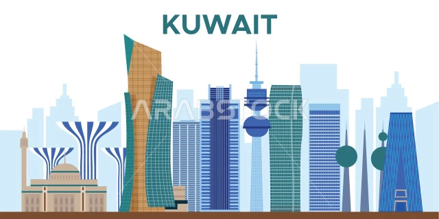  النمو والتطور العمراني للأبراج وناطحات السحاب في دولة الكويت، رسوم وتصاميم توضيحية لأبراج الكويت، اماكن ومعالم مشهورة، خلفية بيضاء، فيكتور اليستريتور 