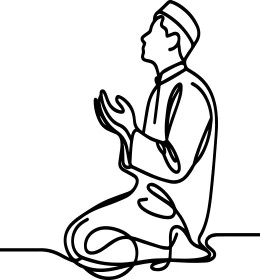 مفهوم التقرب من الله تعالى, رسوم لشخصية مسلمة, صورة من الجانب لفتى عربي خليجي سعودي يقوم بأداء الصلاة, الالتزام بالعبادات والفرائض الدينية, خلفية زرقاء, فيكتور اليستريتور