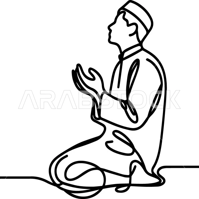 مفهوم التقرب من الله تعالى, رسوم لشخصية مسلمة, صورة من الجانب لفتى عربي خليجي سعودي يقوم بأداء الصلاة, الالتزام بالعبادات والفرائض الدينية, خلفية زرقاء, فيكتور اليستريتور