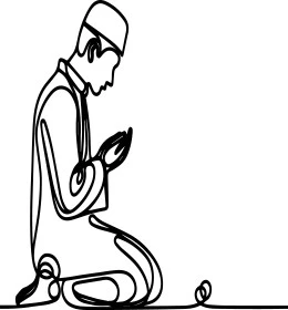 مفهوم التقرب من الله تعالى, رسوم لشخصية مسلمة, صورة من الجانب لفتى عربي خليجي سعودي يقوم بأداء الصلاة, الالتزام بالعبادات والفرائض الدينية, خلفية زرقاء, فيكتور اليستريتور