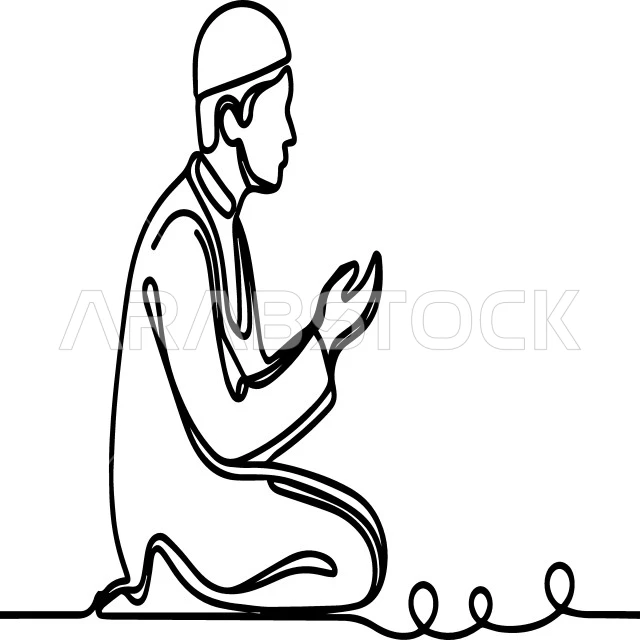 مفهوم التقرب من الله تعالى, رسوم لشخصية مسلمة, صورة من الجانب لفتى عربي خليجي سعودي يقوم بأداء الصلاة, الالتزام بالعبادات والفرائض الدينية, خلفية زرقاء, فيكتور اليستريتور