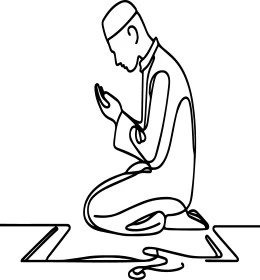 مفهوم التقرب من الله تعالى, رسوم لشخصية مسلمة, صورة من الجانب لفتى عربي خليجي سعودي يقوم بأداء الصلاة, الالتزام بالعبادات والفرائض الدينية, خلفية زرقاء, فيكتور اليستريتور