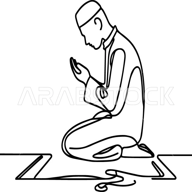 مفهوم التقرب من الله تعالى, رسوم لشخصية مسلمة, صورة من الجانب لفتى عربي خليجي سعودي يقوم بأداء الصلاة, الالتزام بالعبادات والفرائض الدينية, خلفية زرقاء, فيكتور اليستريتور