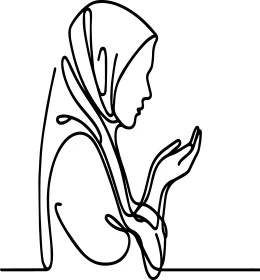 المناجاة والتوسل إلى الله, أداء العبادات والفرائض, التقرب إلى الله تعالى بالدعاء والمناجاة, رسوم لإمرأة عربية خليجية سعودية محجبة ترفع يديها بتضرع, خلفية بيضاء, فيكتور اليستريتور