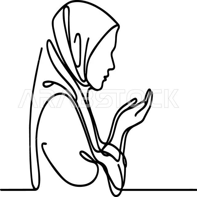المناجاة والتوسل إلى الله, أداء العبادات والفرائض, التقرب إلى الله تعالى بالدعاء والمناجاة, رسوم لإمرأة عربية خليجية سعودية محجبة ترفع يديها بتضرع, خلفية بيضاء, فيكتور اليستريتور