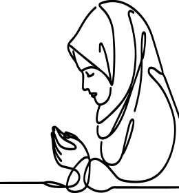 المناجاة والتوسل إلى الله, أداء العبادات والفرائض, التقرب إلى الله تعالى بالدعاء والمناجاة, رسوم لإمرأة عربية خليجية سعودية محجبة ترفع يديها بتضرع, خلفية بيضاء, فيكتور اليستريتور