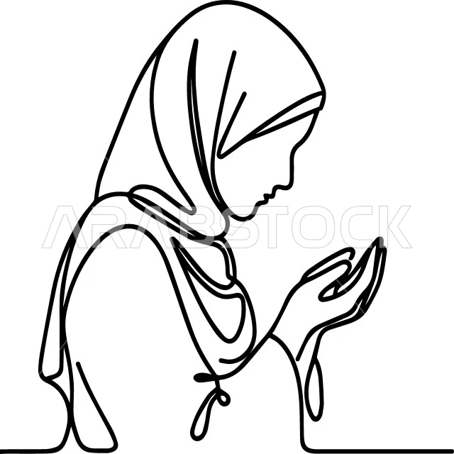 المناجاة والتوسل إلى الله, أداء العبادات والفرائض, التقرب إلى الله تعالى بالدعاء والمناجاة, رسوم لإمرأة عربية خليجية سعودية محجبة ترفع يديها بتضرع, خلفية بيضاء, فيكتور اليستريتور