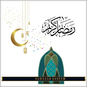 Ramadan Kareem, greeting template for the arrival of the month of goodness and blessings, authentic Arabic calligraphy arts, Islamic religious occasions and holidays, manuscript with lanterns and crescent moon, decorative background, vector illustrator