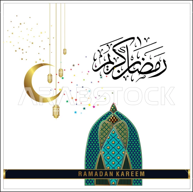 Ramadan Kareem, greeting template for the arrival of the month of goodness and blessings, authentic Arabic calligraphy arts, Islamic religious occasions and holidays, manuscript with lanterns and crescent moon, decorative background, vector illustrator