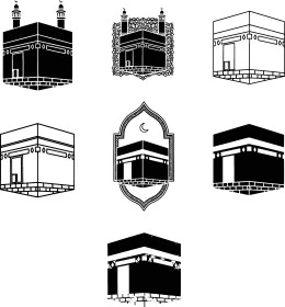 ايقونات للكعبه المشرفه في مكة المكرمه, اداء فريضة الحج والعمره  في المسجد الحرام, قبلة المسلمين في اداء الصلاه, خلفية بيضاء، فيكتور اليستريتور