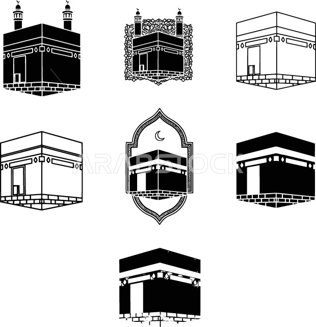 ايقونات للكعبه المشرفه في مكة المكرمه, اداء فريضة الحج والعمره  في المسجد الحرام, قبلة المسلمين في اداء الصلاه, خلفية بيضاء، فيكتور اليستريتور