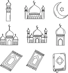 Icons and symbols of the holy month of Ramadan, Islamic religious holidays and occasions, the concept of worship and drawing closer to God Almighty, white background, Illustrator vector