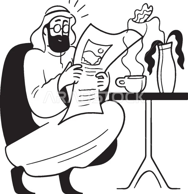 قراءة الكتب والقصص والروايات، مفهوم التحضير ومراجعة البحوث العلمي، التثقف والتعليم وزيادة المعرفة، رسم توضيحي لرجل عربي خليجي سعودي يرتدي الثوب التقليدي يحمل بيده كتاب، صورة الجسم بالطول الكامل، خلفية بيضاء