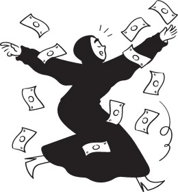 رسوم كرتونية لامراه عربية خليجية سعودية ترتدي الحجاب والعباءة تقوم بالركض بايماءات وجه تدل على السسعادة الشديدة، التميز وتحقيق الاهداف، تعابير السرور والبهجة، نجاح وتفوق، خلفية بيضاء، فيكتور اليستريتور
