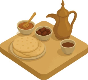 طبق من التمر السكري الصحي الطازج مع دلة نحاسية وفناجين, محاصيل ومنتجات زراعية محلية وطنية سعودية، ضيافة رمضانية لذيذة، وجبة ذات قيمة غذائية عالية، القهوة السعودية الشهية، حبات الرطب الشهية، خلفية بيضاء, فيكتور اليستريتور