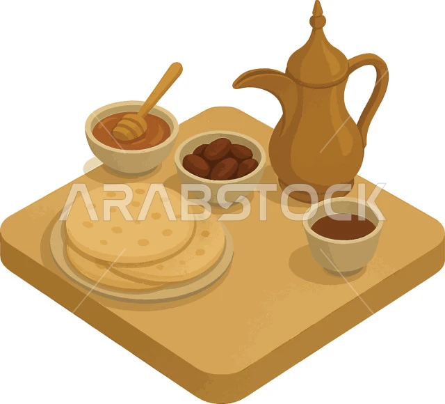 طبق من التمر السكري الصحي الطازج مع دلة نحاسية وفناجين, محاصيل ومنتجات زراعية محلية وطنية سعودية، ضيافة رمضانية لذيذة، وجبة ذات قيمة غذائية عالية، القهوة السعودية الشهية، حبات الرطب الشهية، خلفية بيضاء, فيكتور اليستريتور