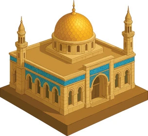 نداء المسلمين لأداء العبادات والفرائض, الفن الهندسي المعماري للقبب والمآذن في المسجد، مفهوم العبادة والتقرب الى الله تعالى، مجسم ثلاثي الابعاد للجامع، خلفية بيضاء، فيكتور اليستريتور