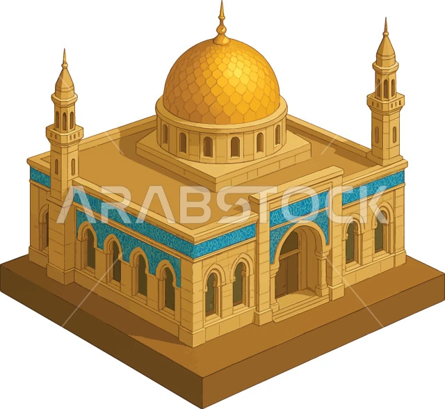 نداء المسلمين لأداء العبادات والفرائض, الفن الهندسي المعماري للقبب والمآذن في المسجد، مفهوم العبادة والتقرب الى الله تعالى، مجسم ثلاثي الابعاد للجامع، خلفية بيضاء، فيكتور اليستريتور