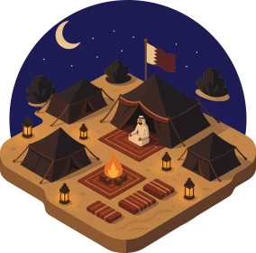 مخيمات سياحية في صحاري قطر, خيمة تقليدية على الرمال الذهبية الناعمة في الصحراء، الجلسات الشعبية الهادئة, أجواء شتوية وتخييم في المناطق الصحراوية, مناطق المغامرات الشبابية ورحلات السفاري الممتعة