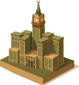 A model of the Royal Clock Tower in Mecca, towers and skyscrapers surrounding the Grand Mosque, Islamic religious sites and landmarks, Muslims coming from all over the world to the Kingdom of Saudi Arabia, white background, vector illustrator