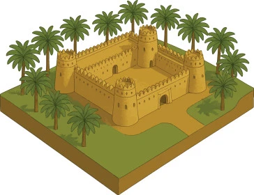 Observation towers and buildings, a model of Al Jahili Fort in Al Ain, United Arab Emirates, ancient historical landmarks and castles, tourist attractions in the Emirates, vector illustrator