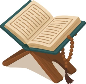 Illustration of the Holy Quran on a wooden stand, worship by reciting and memorizing the Holy Quran, icons and symbols of the holy month of Ramadan, white background, vector illustrator