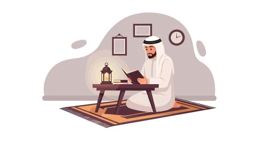 Reciting and memorizing the Holy Quran, teachings of the Islamic religion, drawing of a Saudi Arabian man holding the Holy Quran, the concept of worship and drawing closer to God Almighty, white background, Illustrator vector